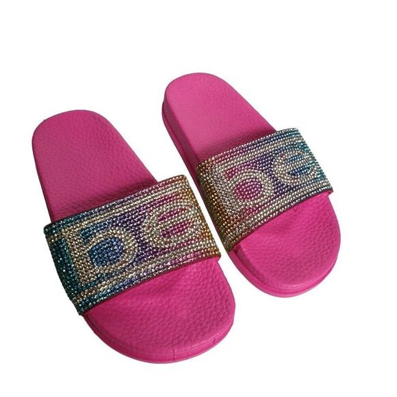 Bebe Toddler Girls Slides 11/12 Hot Pink Bling Rhinestone Logo Slides Sandals XL - Picture 2 of 6